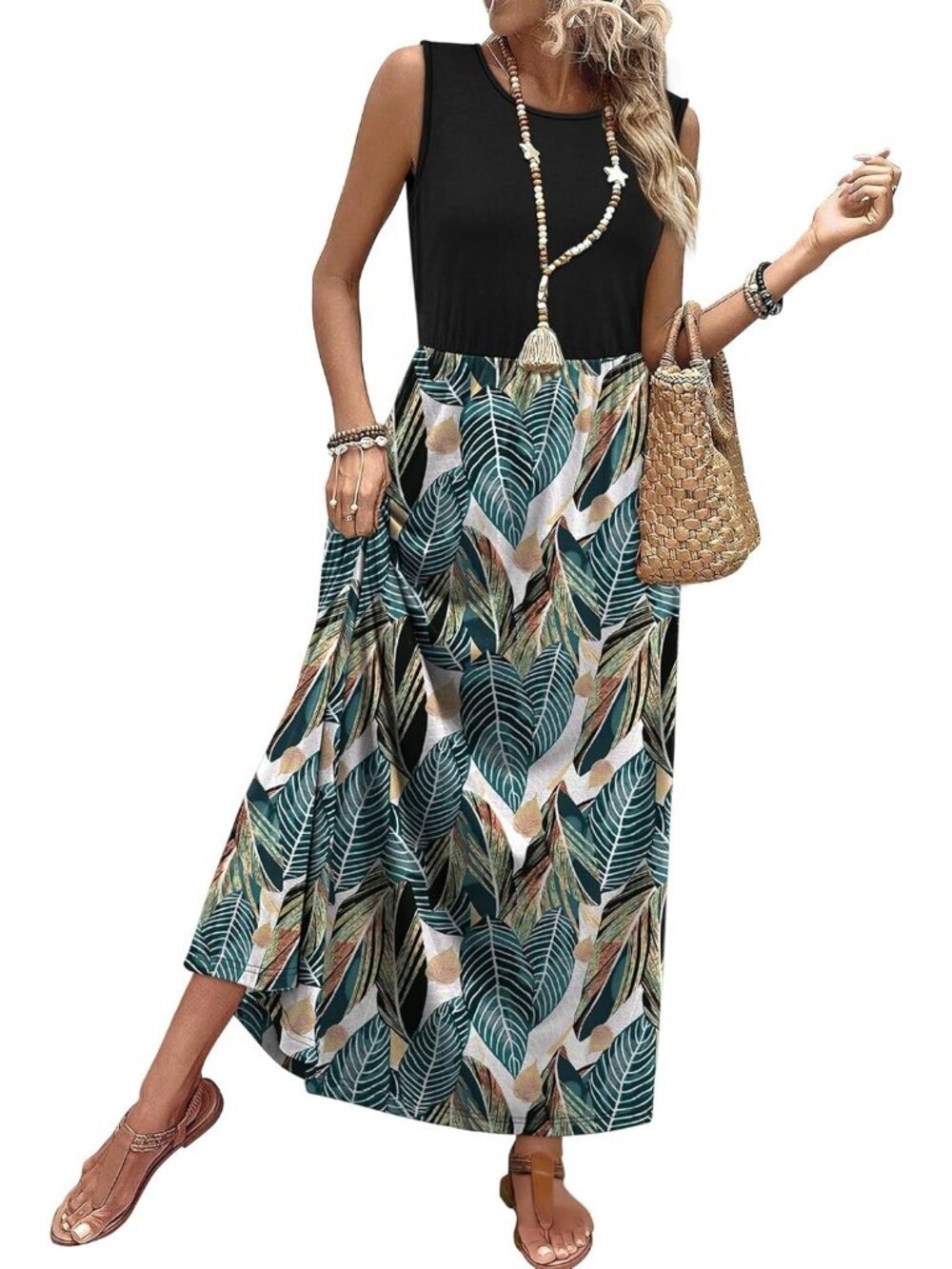 Women Black Leaf Pull On A Line Sleeveless Sundresses with Pockets Maxi Dresses